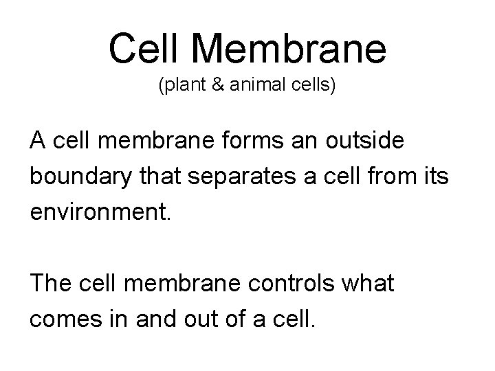 Cell Membrane (plant & animal cells) A cell membrane forms an outside boundary that