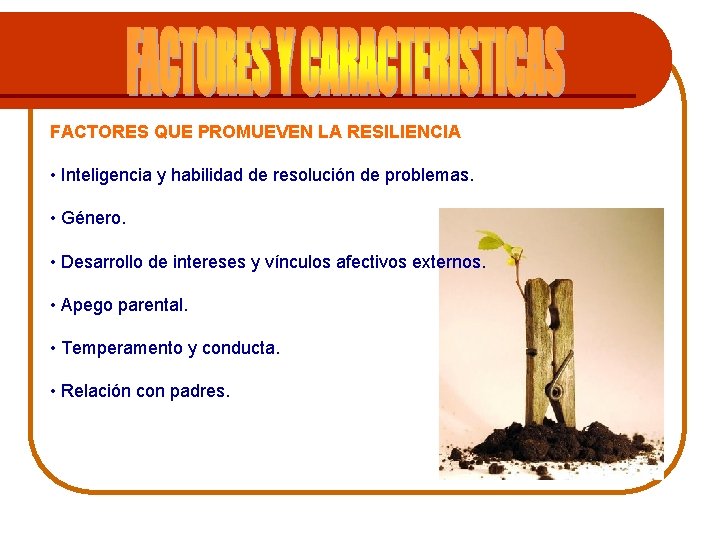 FACTORES QUE PROMUEVEN LA RESILIENCIA • Inteligencia y habilidad de resolución de problemas. •