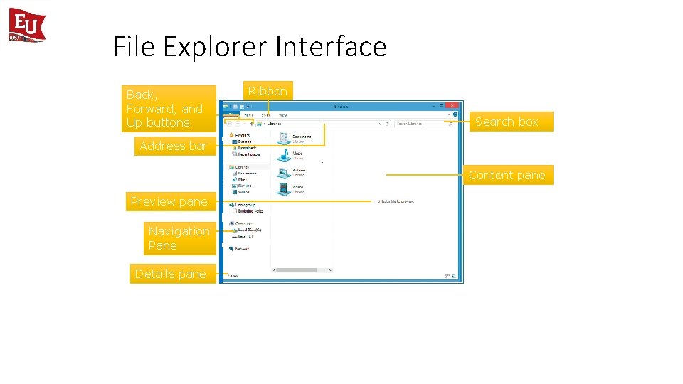 File Explorer Interface Back, Forward, and Up buttons Ribbon Search box Address bar Content