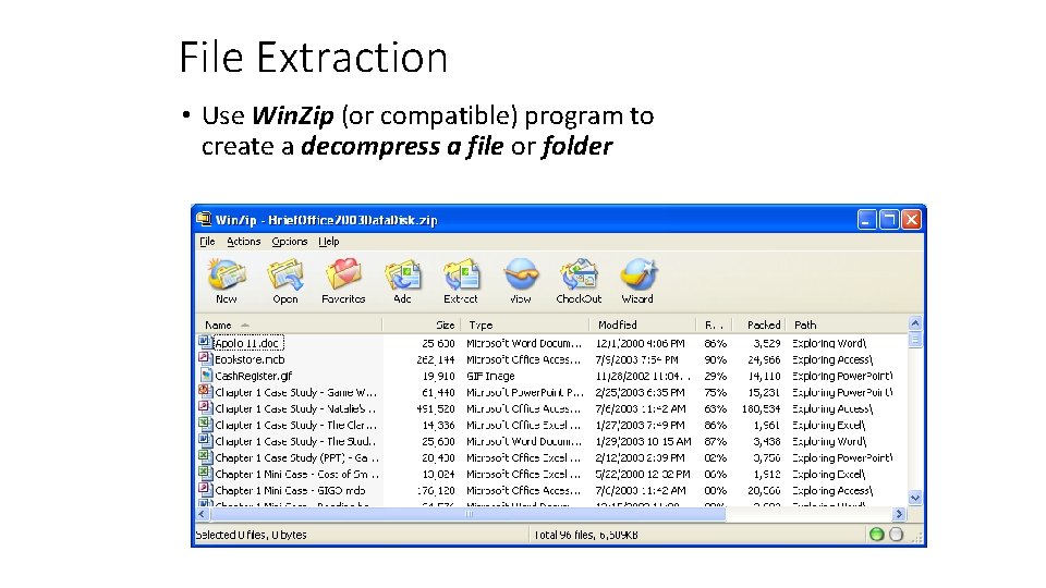 File Extraction • Use Win. Zip (or compatible) program to create a decompress a