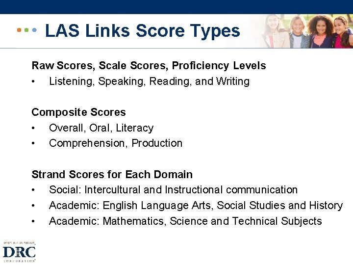 LAS Links Score Types Raw Scores, Scale Scores, Proficiency Levels • Listening, Speaking, Reading,