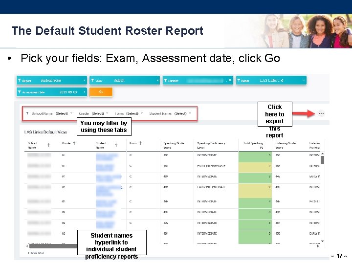 The Default Student Roster Report • Pick your fields: Exam, Assessment date, click Go