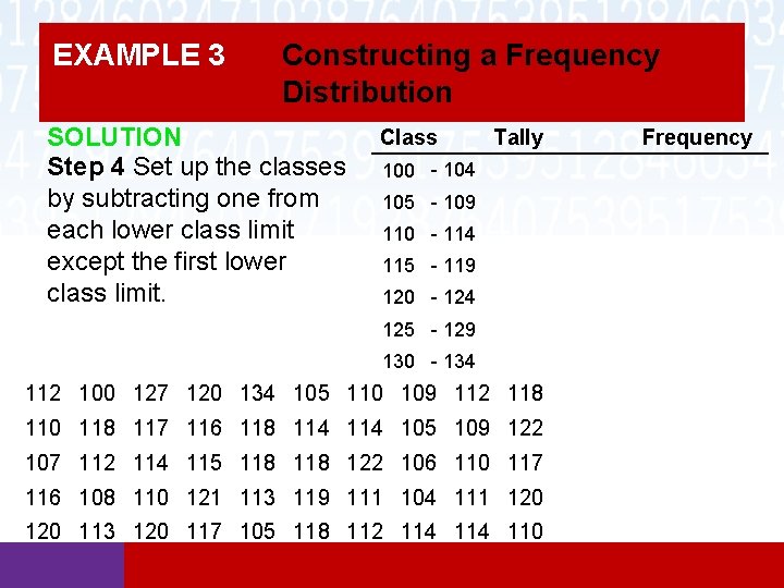 EXAMPLE 3 Constructing a Frequency Distribution SOLUTION Step 4 Set up the classes by EXAMPLE 3 Constructing a Frequency Distribution SOLUTION Step 4 Set up the classes by
