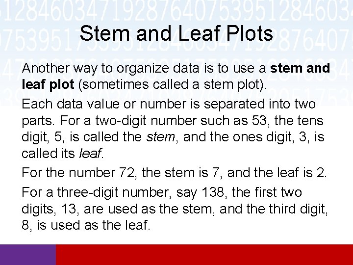 Stem and Leaf Plots Another way to organize data is to use a stem Stem and Leaf Plots Another way to organize data is to use a stem