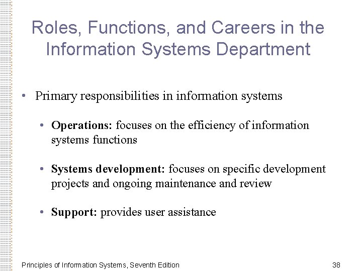 Roles, Functions, and Careers in the Information Systems Department • Primary responsibilities in information