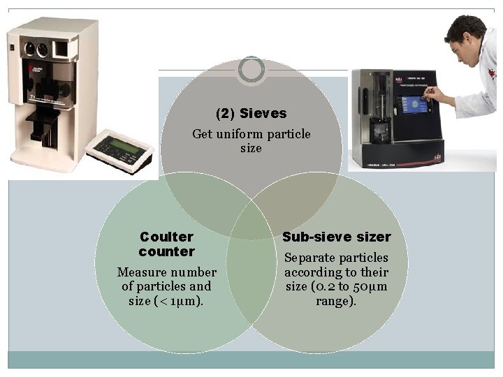 (2) Sieves Get uniform particle size Coulter counter Measure number of particles and size (2) Sieves Get uniform particle size Coulter counter Measure number of particles and size