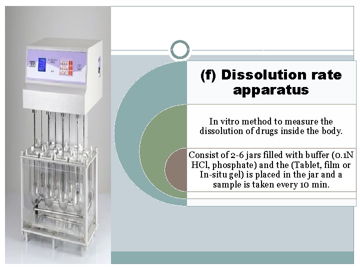 (f) Dissolution rate apparatus In vitro method to measure the dissolution of drugs inside