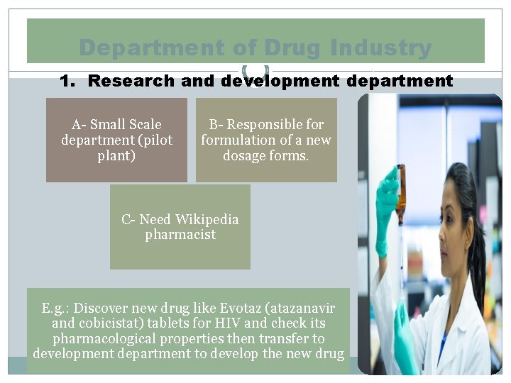 Department of Drug Industry 1. Research and development department A- Small Scale department (pilot