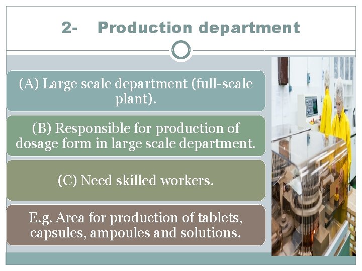 2 - Production department (A) Large scale department (full-scale plant). (B) Responsible for production