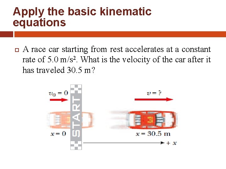 Apply the basic kinematic equations A race car starting from rest accelerates at a