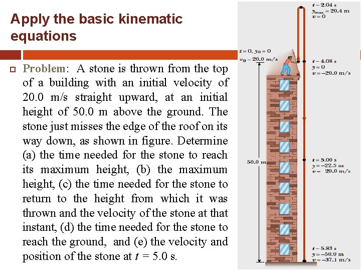 Apply the basic kinematic equations Problem: A stone is thrown from the top of