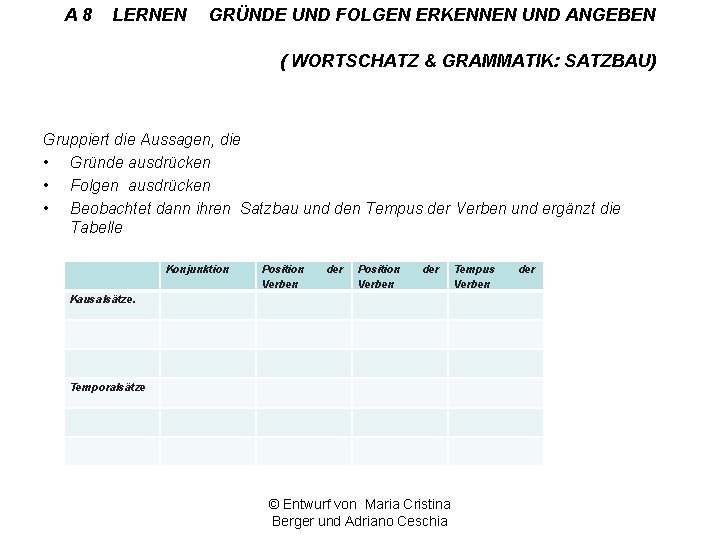 A 8 LERNEN GRÜNDE UND FOLGEN ERKENNEN UND ANGEBEN ( WORTSCHATZ & GRAMMATIK: SATZBAU)