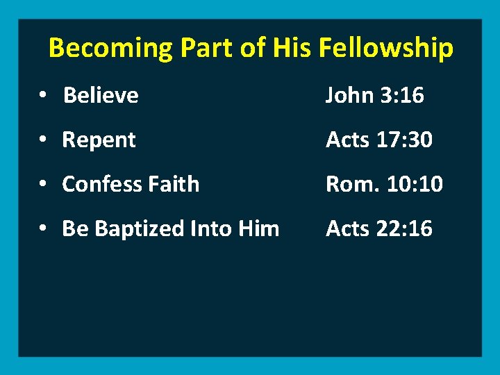 Becoming Part of His Fellowship • Believe John 3: 16 • Repent Acts 17: