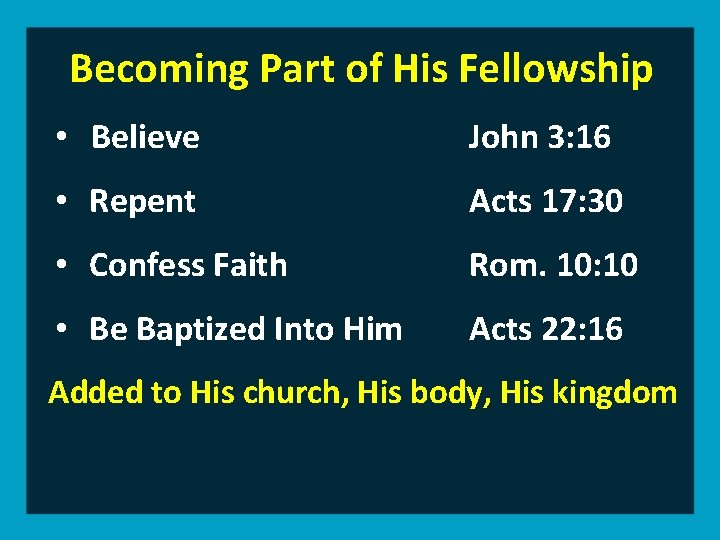 Becoming Part of His Fellowship • Believe John 3: 16 • Repent Acts 17: