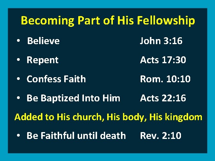 Becoming Part of His Fellowship • Believe John 3: 16 • Repent Acts 17: Becoming Part of His Fellowship • Believe John 3: 16 • Repent Acts 17: