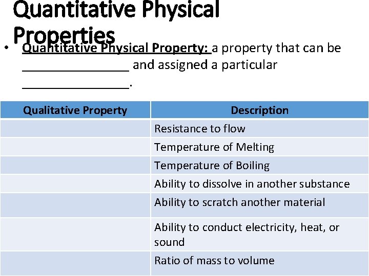 Quantitative Physical Properties • Quantitative Physical Property: a property that can be ________ and