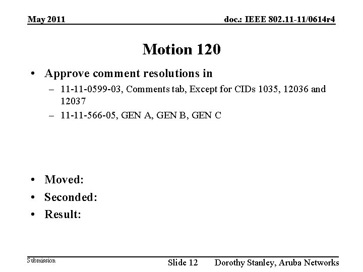 May 2011 doc. : IEEE 802. 11 -11/0614 r 4 Motion 120 • Approve