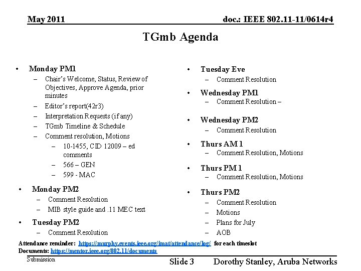 May 2011 doc. : IEEE 802. 11 -11/0614 r 4 TGmb Agenda • Monday