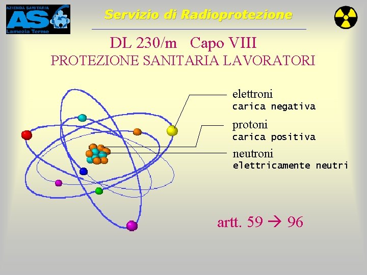 Servizio di Radioprotezione DL 230/m Capo VIII PROTEZIONE SANITARIA LAVORATORI elettroni carica negativa protoni