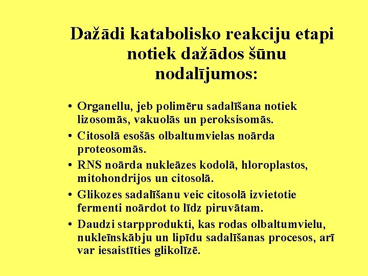 Dažādi katabolisko reakciju etapi notiek dažādos šūnu nodalījumos: • Organellu, jeb polimēru sadalīšana notiek