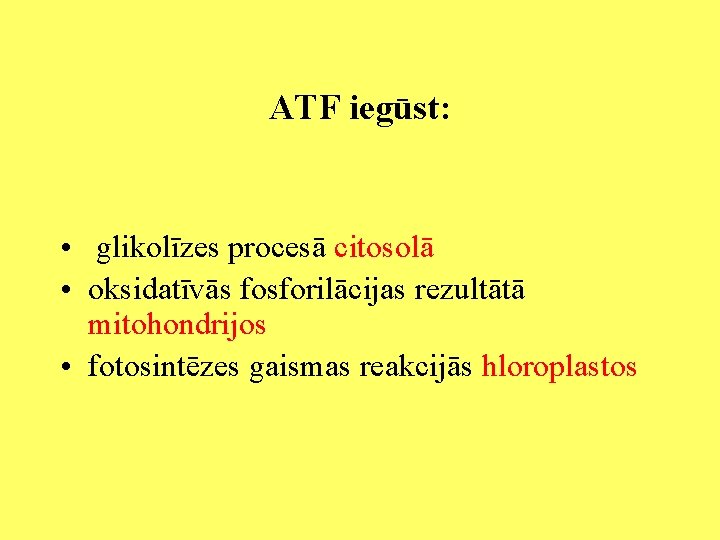 ATF iegūst: • glikolīzes procesā citosolā • oksidatīvās fosforilācijas rezultātā mitohondrijos • fotosintēzes gaismas