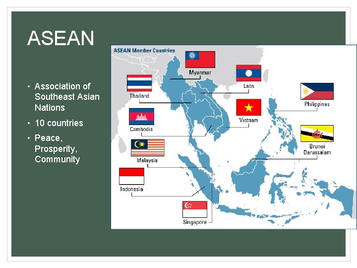 ASEAN • Association of Southeast Asian Nations • 10 countries • Peace, Prosperity, Community