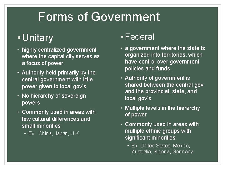 Forms of Government • Unitary • Federal • highly centralized government where the capital