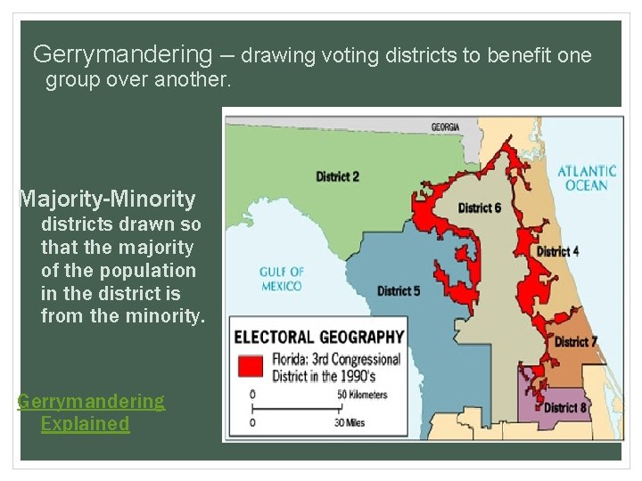 Gerrymandering – drawing voting districts to benefit one group over another. Majority-Minority districts drawn