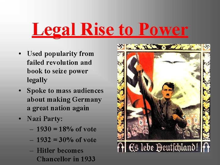 Legal Rise to Power • Used popularity from failed revolution and book to seize