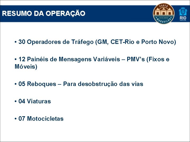 RESUMO DA OPERAÇÃO • 30 Operadores de Tráfego (GM, CET-Rio e Porto Novo) •