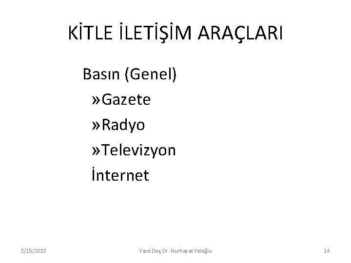 KİTLE İLETİŞİM ARAÇLARI Basın (Genel) » Gazete » Radyo » Televizyon İnternet 2/15/2022 Yard.