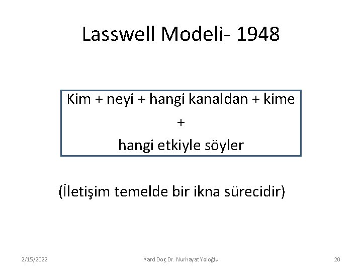 Lasswell Modeli- 1948 Kim + neyi + hangi kanaldan + kime + hangi etkiyle