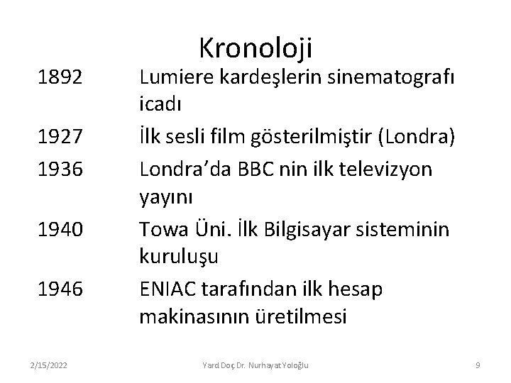 1892 1927 1936 1940 1946 2/15/2022 Kronoloji Lumiere kardeşlerin sinematografı icadı İlk sesli film