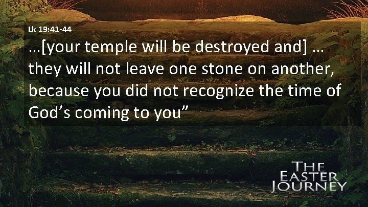 Lk 19: 41 -44 …[your temple will be destroyed and] … they will not