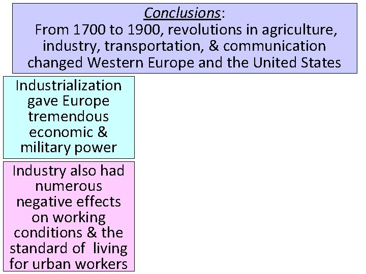 Conclusions: From 1700 to 1900, revolutions in agriculture, industry, transportation, & communication changed Western