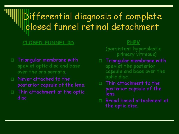 Differential diagnosis of complete closed funnel retinal detachment CLOSED FUNNEL RD o Triangular membrane