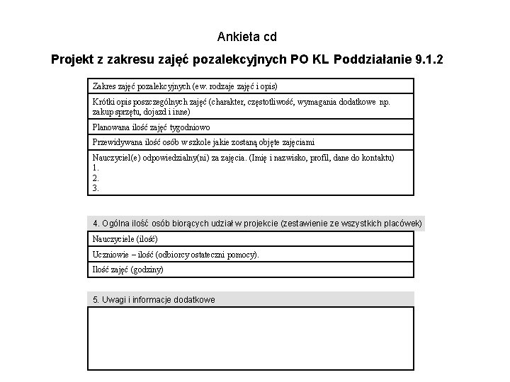 Ankieta cd Projekt z zakresu zajęć pozalekcyjnych PO KL Poddziałanie 9. 1. 2 Zakres