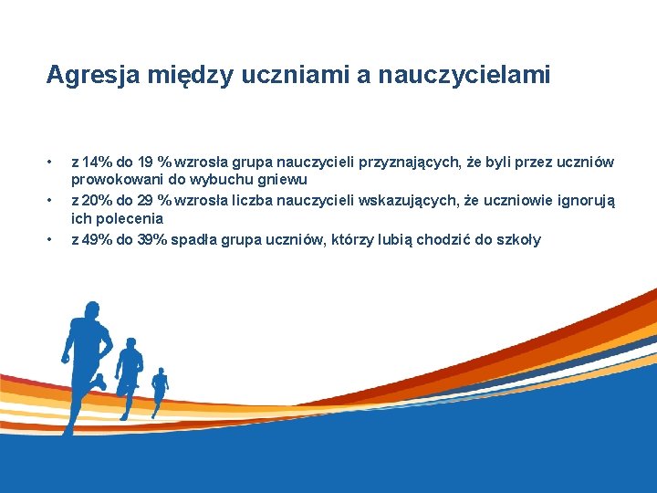 Agresja między uczniami a nauczycielami • • • z 14% do 19 % wzrosła