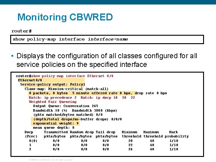 Monitoring CBWRED router# show policy-map interface-name • Displays the configuration of all classes configured