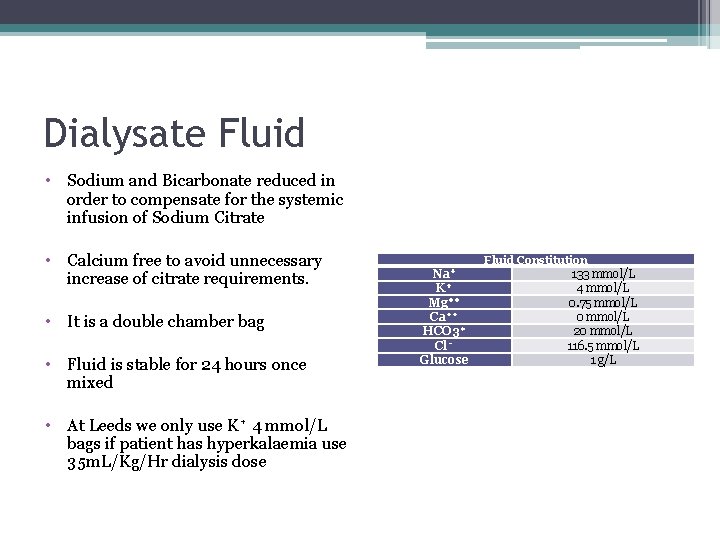 Dialysate Fluid • Sodium and Bicarbonate reduced in order to compensate for the systemic