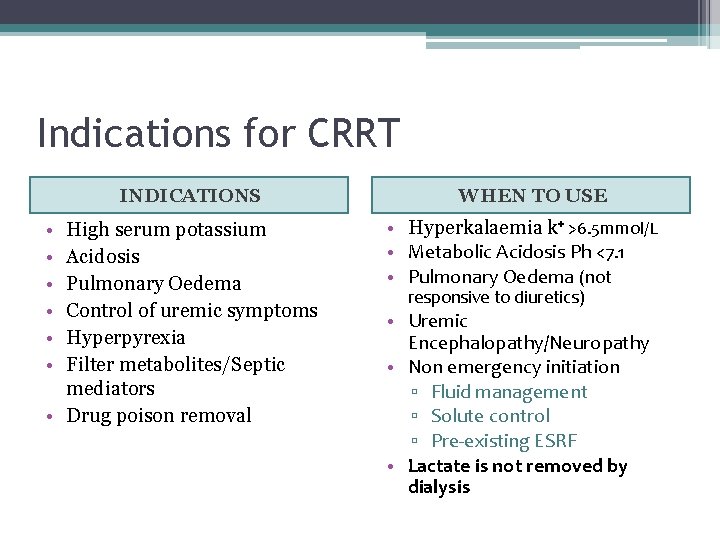 Indications for CRRT INDICATIONS • • • High serum potassium Acidosis Pulmonary Oedema Control
