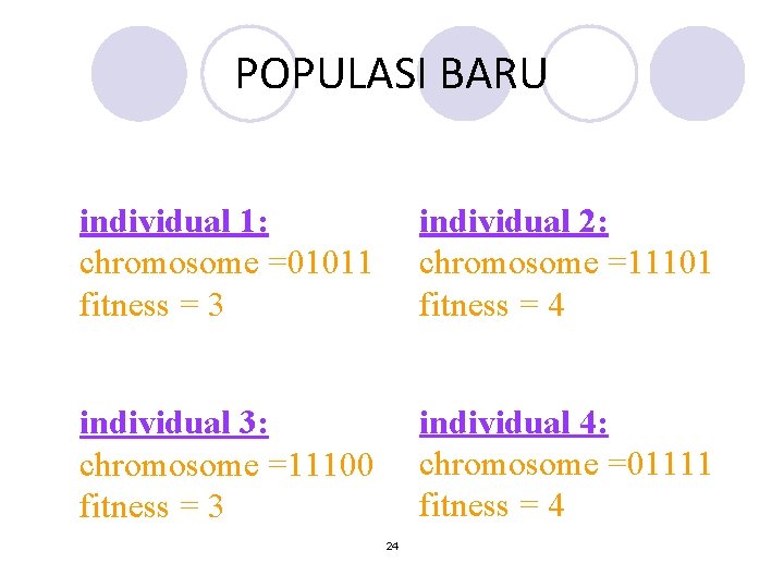 POPULASI BARU individual 1: chromosome =01011 fitness = 3 individual 2: chromosome =11101 fitness