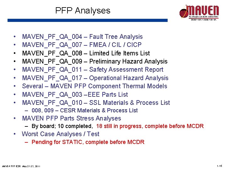 PFP Analyses • • • MAVEN_PF_QA_004 – Fault Tree Analysis MAVEN_PF_QA_007 – FMEA /