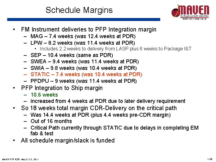 Schedule Margins • FM Instrument deliveries to PFP Integration margin – MAG – 7.