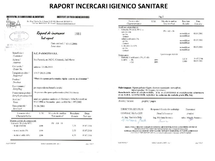 RAPORT INCERCARI IGIENICO SANITARE RAPORT INCERCARI IGIENICO SANITARE
