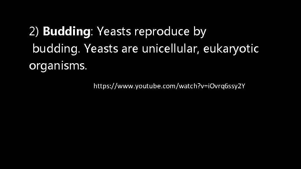 2) Budding: Yeasts reproduce by budding. Yeasts are unicellular, eukaryotic organisms. https: //www. youtube.