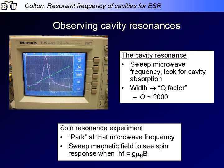 Colton, Resonant frequency of cavities for ESR Observing cavity resonances The cavity resonance •