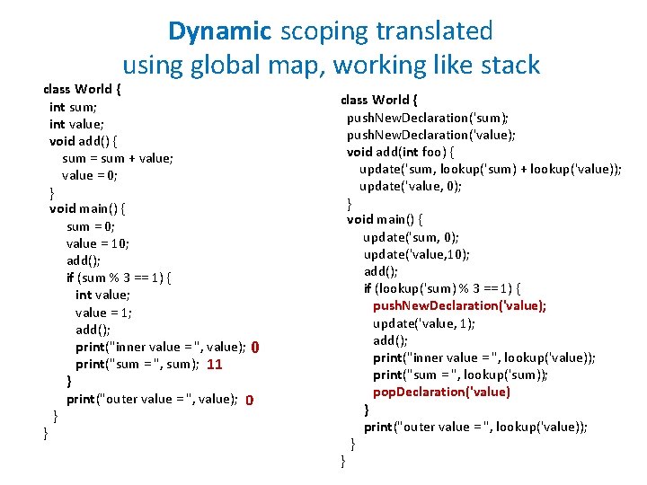 Dynamic scoping translated using global map, working like stack class World { int sum;
