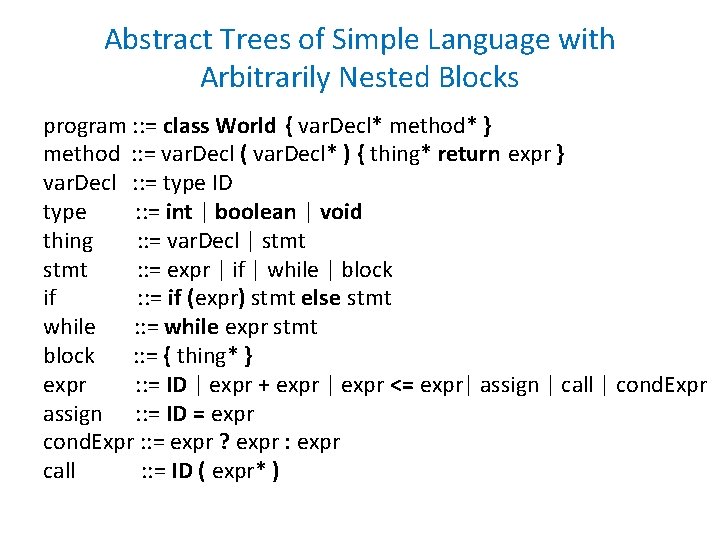 Abstract Trees of Simple Language with Arbitrarily Nested Blocks program : : = class