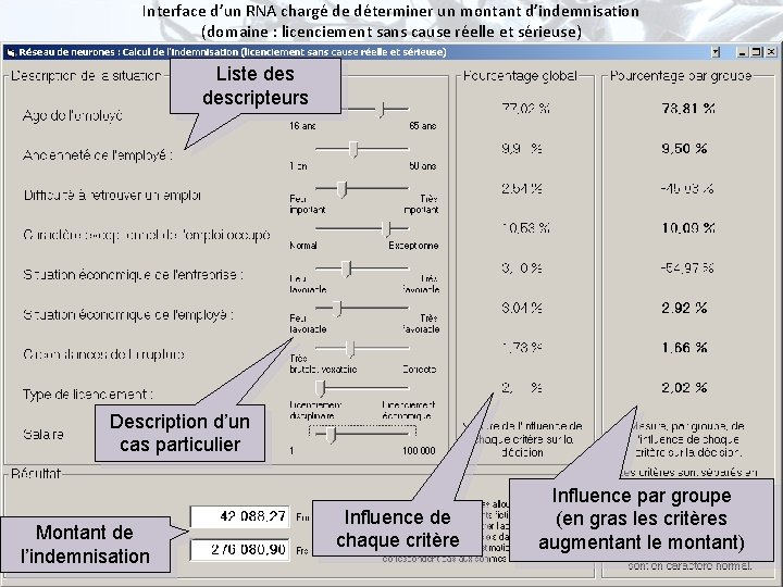 Interface d’un RNA chargé de déterminer un montant d’indemnisation (domaine : licenciement sans cause